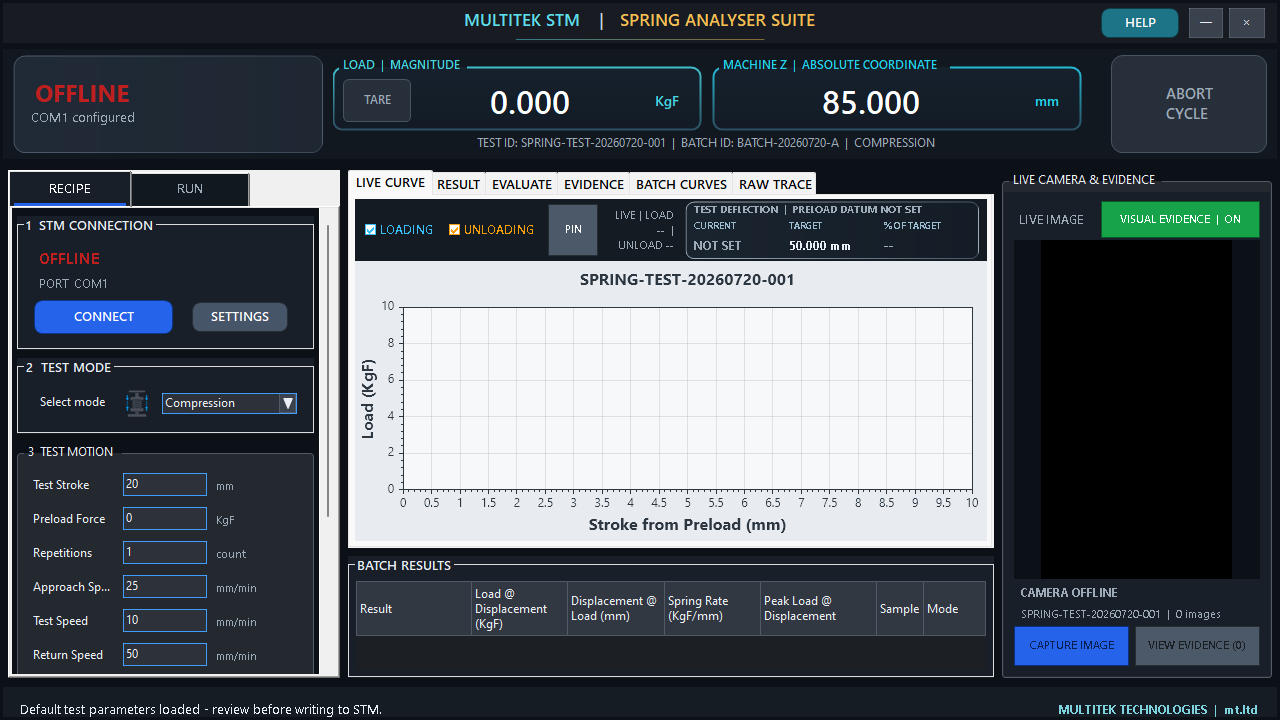 STM Recipe page showing connection, Compression mode, motion fields, center curve tabs and visual evidence rail