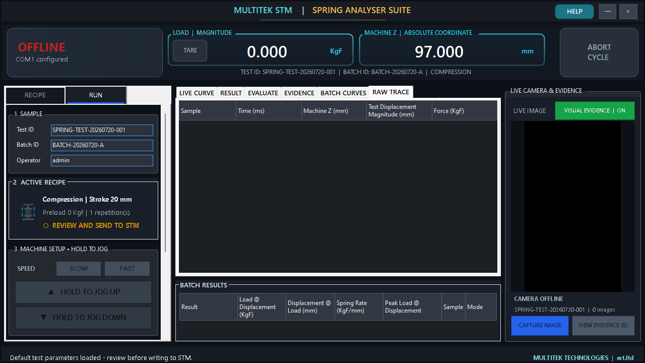 STM Raw Trace page with columns for sample, time, Machine Z, Test Displacement and Force