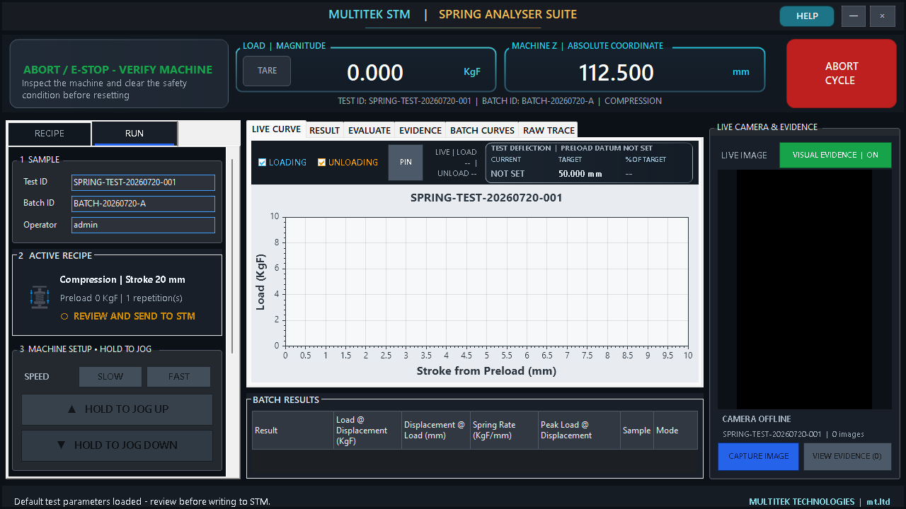STM operator screen showing ABORT / E-STOP - VERIFY MACHINE and the red ABORT CYCLE button